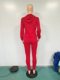 Casual Red Drawstring Hooded Embroidered Two Piece Outfits