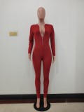 Solid Color Wine Red Mesh See Through Long Sleeve Jumpsuit with Flexible Removable Gloves