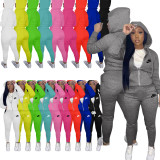 Casual White Drawstring Twill Women Sets Sports Embroidery Letter Hoodie Tracksuit Set