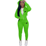 Casual Green Drawstring Twill Women Sets Sports Embroidery Letter Hoodie Tracksuit Set