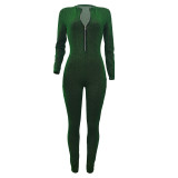 Solid Color Green Mesh See Through Long Sleeve Jumpsuit with Flexible Removable Gloves