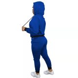Women's Blue Air Layer Cotton Blended Sweatpants 2 Pc Sports Stitching Embroidery Hooded Casual Set