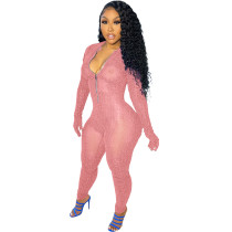 Solid Color Pink Mesh See Through Long Sleeve Jumpsuit with Flexible Removable Gloves