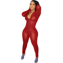 Solid Color Wine Red Mesh See Through Long Sleeve Jumpsuit with Flexible Removable Gloves