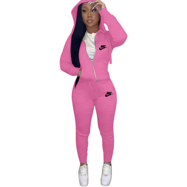 Casual Pink Drawstring Twill Women Sets Sports Embroidery Letter Hoodie Tracksuit Set