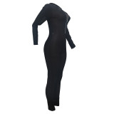 Solid Color Black Mesh See Through Long Sleeve Jumpsuit with Flexible Removable Gloves