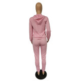 Casual Pink Drawstring Hooded Embroidered Two Piece Outfits