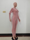 Solid Color Pink Mesh See Through Long Sleeve Jumpsuit with Flexible Removable Gloves