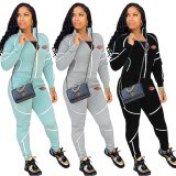 Casual Solid Grey Long Sleeve High Neck Printed Sports Two Piece Outfits with Zipper