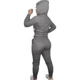 Casual Grey Drawstring Twill Women Sets Sports Embroidery Letter Hoodie Tracksuit Set