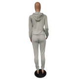 Casual Grey Drawstring Hooded Embroidered Two Piece Outfits