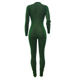 Solid Color Green Mesh See Through Long Sleeve Jumpsuit with Flexible Removable Gloves