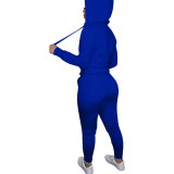 Casual Blue Drawstring Twill Women Sets Sports Embroidery Letter Hoodie Tracksuit Set
