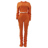 Thickened Side Pocket Casual Solid Color Orange Elastic Waist Stacked Leggings Pants Set