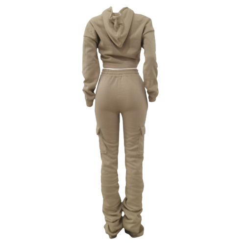 Thickened Side Pocket Casual Solid Color Khaki Elastic Waist Stacked Leggings Pants Set