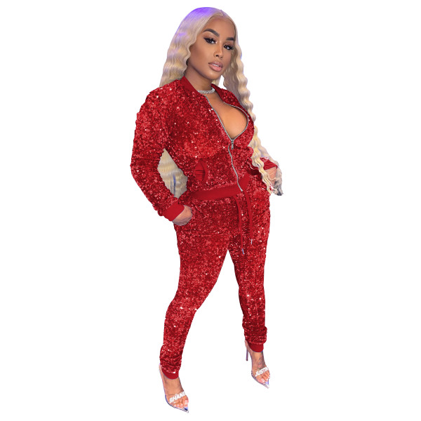 Women's Red Two Piece Set Glitter Sequin Patchwork Set Winter Clothes Zipper Front Long Sleeve Jackets And Drawstring Sweatpant