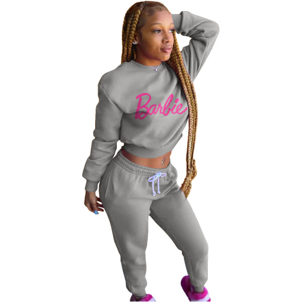 Women's Grey Cotton Blend Casual Printed Letter Sports Two Piece Outfits Set