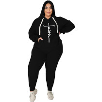 Casual Black Cotton Blended Printed Two-piece Plus Size Women's Casual Sports Sweatpant Hoodie Set