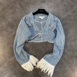 Sexy Stitching Tassel Button Denim Crop Top and Trousers with Turban