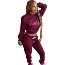 Women's Wine Red Cotton Blend Casual Printed Letter Sports Two Piece Outfits Set