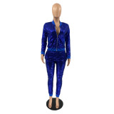 Women's Peacock Blue Two Piece Set Glitter Sequin Patchwork Set Winter Clothes Zipper Front Long Sleeve Jackets And Drawstring Sweatpant