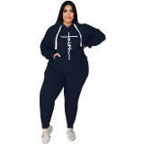 Casual Dark Blue Cotton Blended Printed Two-piece Plus Size Women's Casual Sports Sweatpant Hoodie Set
