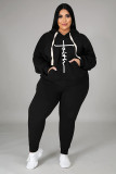 Casual Black Cotton Blended Printed Two-piece Plus Size Women's Casual Sports Sweatpant Hoodie Set