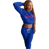 Women's Blue Cotton Blend Casual Printed Letter Sports Two Piece Outfits Set
