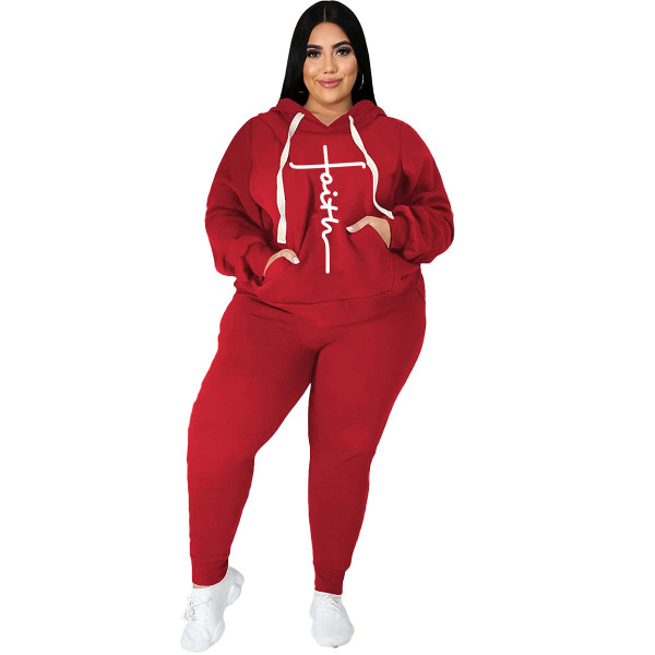 Casual Red Cotton Blended Printed Two-piece Plus Size Women's Casual Sports Sweatpant Hoodie Set