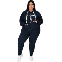 Casual Dark Blue Cotton Blended Printed Two-piece Plus Size Women's Casual Sports Sweatpant Hoodie Set