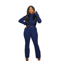 Solid Color Dark Blue Elastic Pullover Two Piece Flared Pant Set