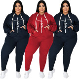 Casual Red Cotton Blended Printed Two-piece Plus Size Women's Casual Sports Sweatpant Hoodie Set