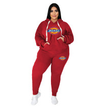 Women's Plus Size Red Printed Letter Sweatshirt Two Piece Hoodie Pants Set with Pockets
