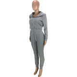 Solid Color Grey Fleece 2 PC Zipper Hoodie Cardigan Blouse Sweatpants Outfit