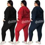 Women's Plus Size Dark Blue Hot Drilling Sweatshirt Two Piece Hoodie Pants Set with Pockets