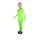 Casual Fluorescent Green Pyrograph Letter Thumb Hole Split Hem Top & Pencil Pants Set