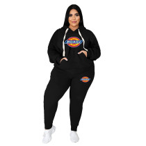 Women's Plus Size Black Printed Letter Sweatshirt Two Piece Hoodie Pants Set with Pockets