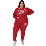 Casual Red Cotton Blended Printed Two-piece Plus Size Women's Hoodie Sweatpant Set