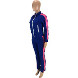 Casual Solid Royal Blue Stitching Zipper Turndown Neck Women Two Piece Outfits for Outdoor Exercise