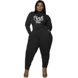 Plus Size Black High Neck Printed Letter Sweatshirt Two Piece Women's Set