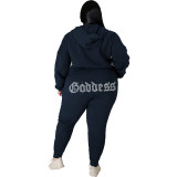 Women's Plus Size Dark Blue Hot Drilling Sweatshirt Two Piece Hoodie Pants Set with Pockets