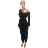 Solid Color Black Thicken Pocketed Beveled Neckline Full Sleeve One Piece Jumpsuit with Belt