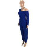 Solid Color Royal Blue Thicken Pocketed Beveled Neckline Full Sleeve One Piece Jumpsuit with Belt