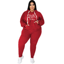 Plus Size Red Printed Letter Sweatshirt Two Piece Hooded Women's Set with Pockets