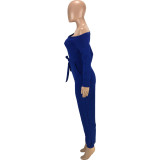 Solid Color Royal Blue Thicken Pocketed Beveled Neckline Full Sleeve One Piece Jumpsuit with Belt