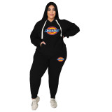 Women's Plus Size Black Printed Letter Sweatshirt Two Piece Hoodie Pants Set with Pockets