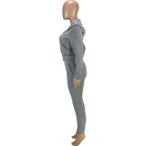 Solid Color Grey Fleece 2 PC Zipper Hoodie Cardigan Blouse Sweatpants Outfit