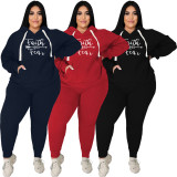Plus Size Black Printed Letter Sweatshirt Two Piece Hooded Women's Set with Pockets