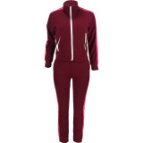 Casual Solid Wine Red Stitching Zipper Turndown Neck Women Two Piece Outfits for Outdoor Exercise