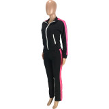 Casual Solid Black Stitching Zipper Turndown Neck Women Two Piece Outfits for Outdoor Exercise